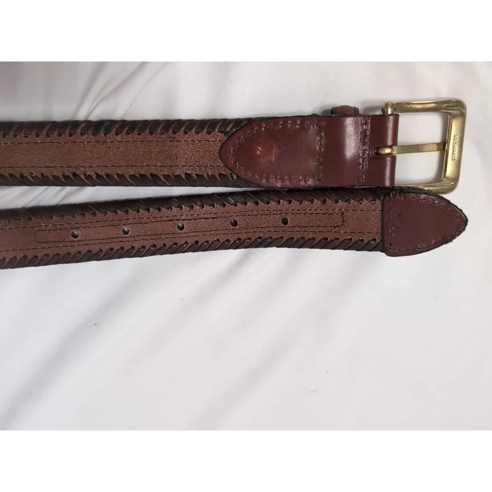 CUSTOM LEATHER BELT LEATHER And WOVEN CANVAS MENS SIZE 42 BROWN/TAN/BRASS